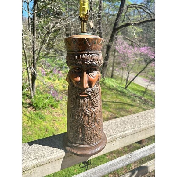 Vintage MCM 70s Ceramic Large Lamp Carved Look 3 Faces Beards Unique 19” Signed - Picture 1 of 16